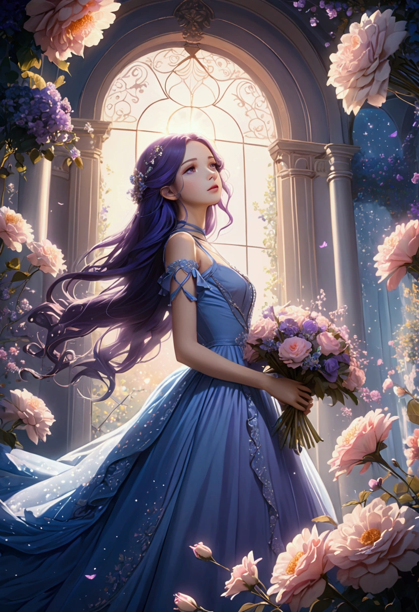 (Extremely detailed, best quality), floating, Extremely exquisite and beautiful dream scene,, , [(1 Girl),(Purple long hair), Delicate face, Neck strap, Elegant blue dress, (Wide-angle lens), (Mysterious atmosphere):1.5],, , (bouquet),(fairy tale), (Sunlight),(Soft Light),(Soft colors),(flash):0.8]