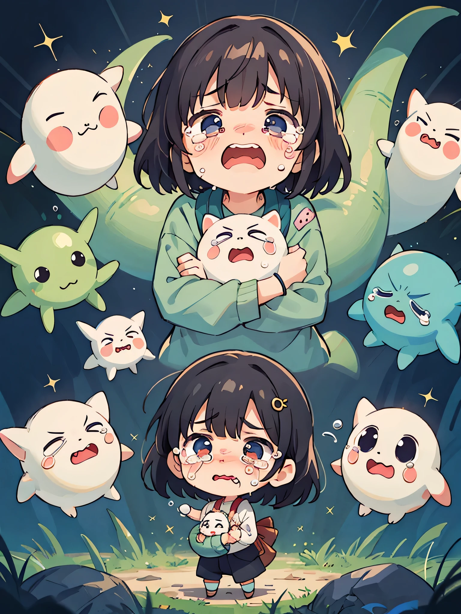 Hayao Miyazaki style, Kawaii Design, most beautiful girl ever、Chibi, Hug、 (((Cute Aliens are crying)))、(((tears)))