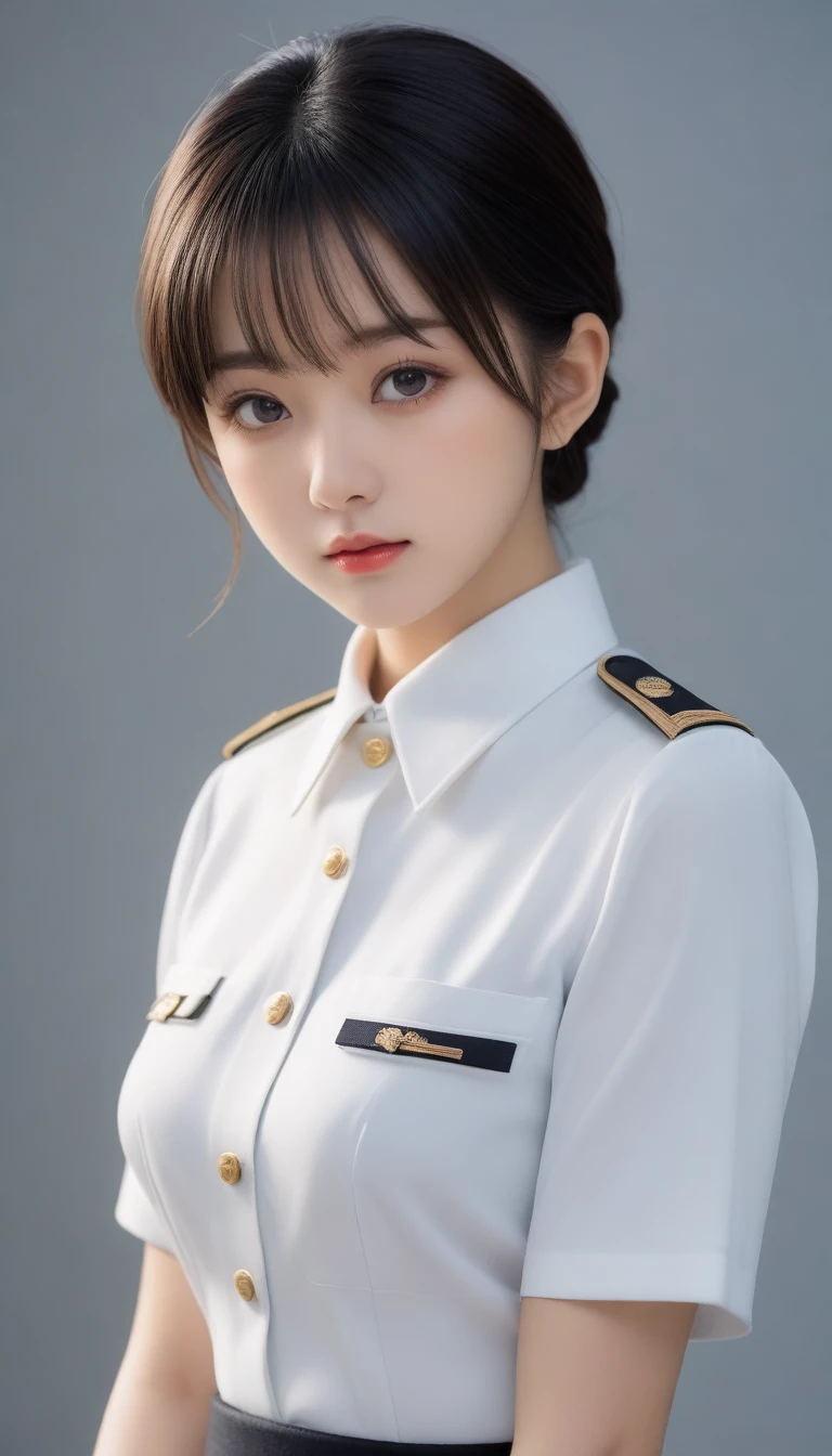 Master quality, highest quality, best picture quality, exaggerated details, a cute 8 asian girl with a shy expression, slightly squinted eyes, hands behind her back, long eyelashes (long hair / very, very exaggerated big breasts / in uniform) outdoors, posing for the camera