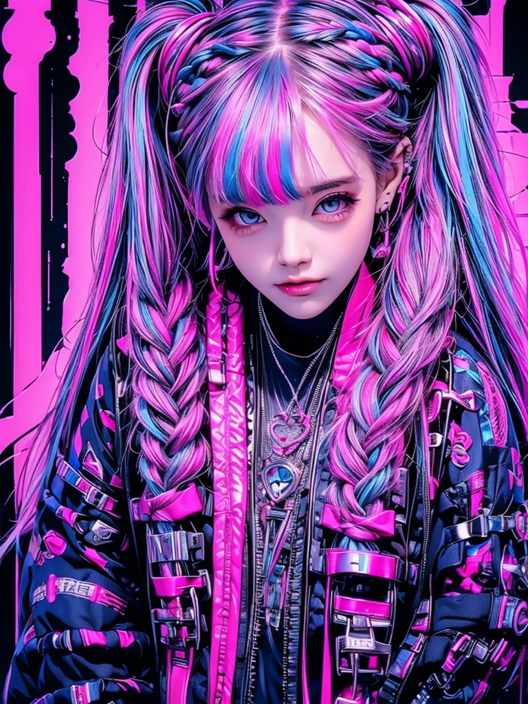 High quality, high resolution, rough, cyberpunk, 2 girls, beautiful girl, cool face, glaring expression, pink and blue hair color, twin tails, braided, one of them has blue hair in a braided ponytail