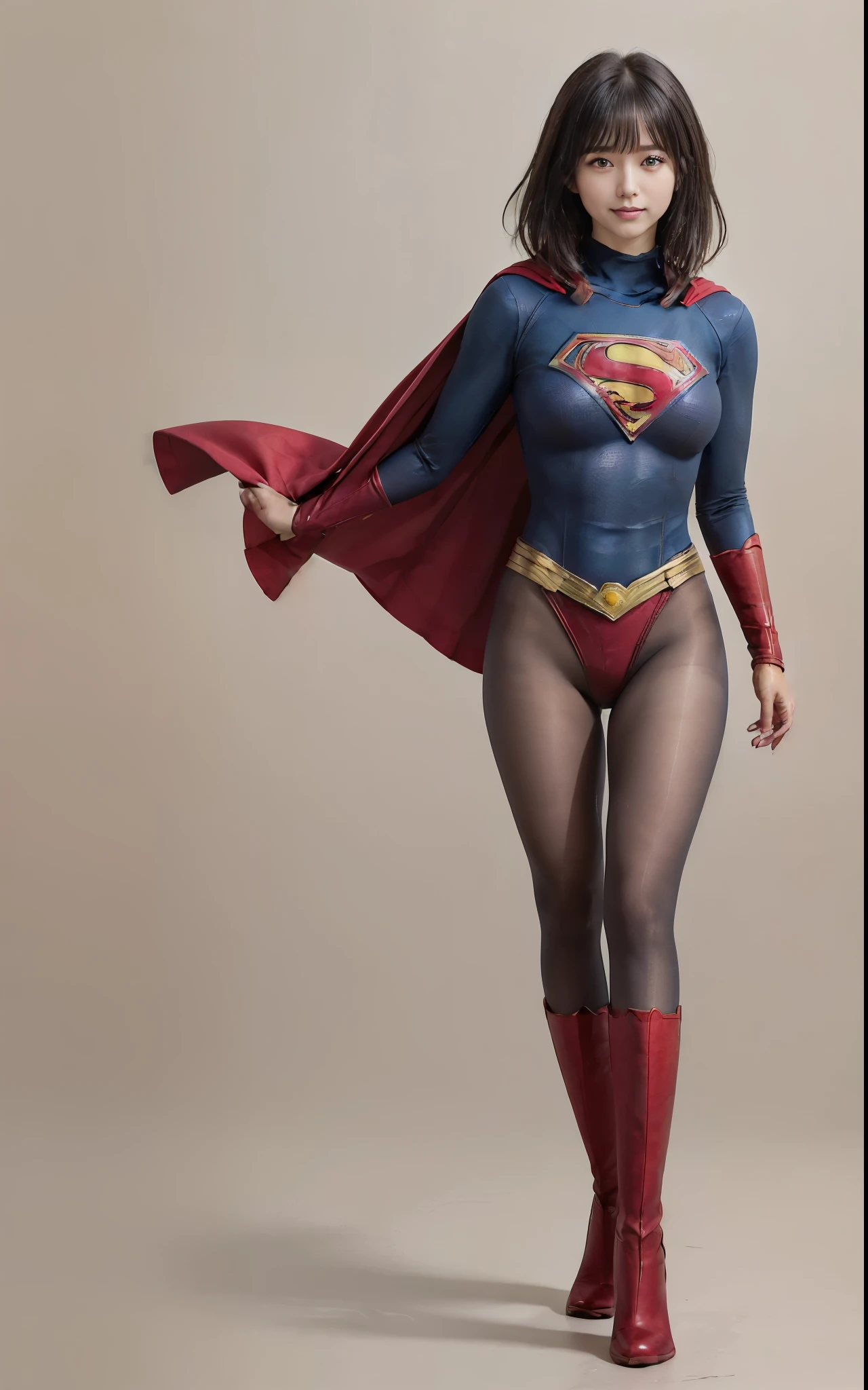 No background、She always has her mouth open、She always has a sad look on her face、Always close your eyes、(((Beautiful legs in black tights.)))、(((Stretch your legs、expensive、Showing a beautiful smile)))、((((Make the most of your original images)))、(((Supergirl Costume)))、(((Beautiful Short Hair)))、(((Suffering face)))、(((Black tights legs、Wear red boots)))、((Best image quality、8k))、((Highest quality、8k、masterpiece:1.3))、(((Preserve background )))、Sharp focus:1.2、Beautiful woman with perfect figure:1.4、Slim Abs:1.2、Wet body:1.5、Highly detailed face and skin texture、8k