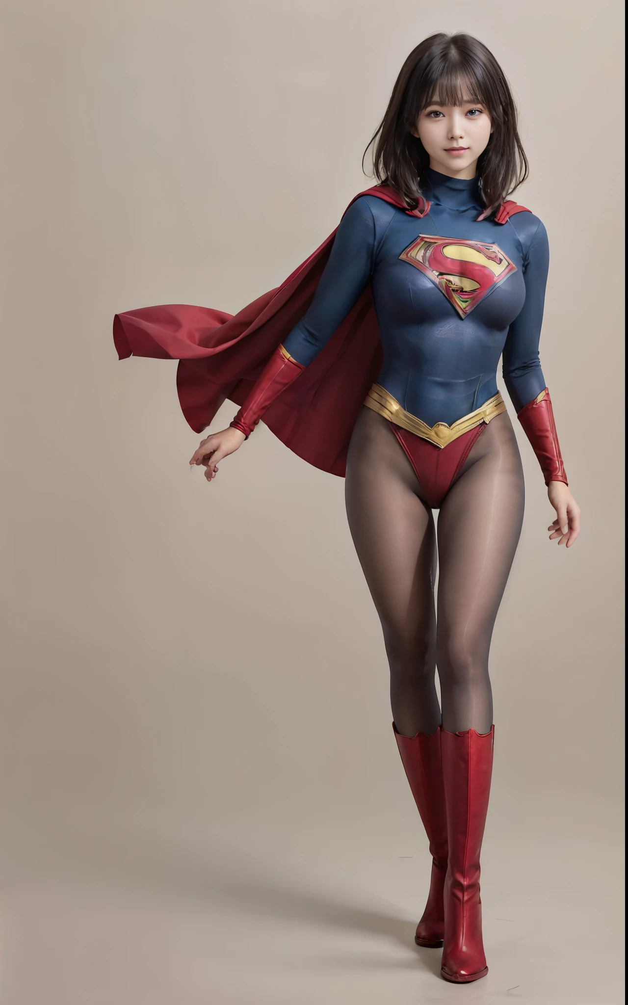 No background、She always has her mouth open、She always has a sad look on her face、Always close your eyes、(((Beautiful legs in black tights.)))、(((Stretch your legs、expensive、Showing a beautiful smile)))、((((Make the most of your original images)))、(((Supergirl Costume)))、(((Beautiful Short Hair)))、(((Suffering face)))、(((Black tights legs、Wear red boots)))、((Best image quality、8k))、((Highest quality、8k、masterpiece:1.3))、(((Preserve background )))、Sharp focus:1.2、Beautiful woman with perfect figure:1.4、Slim Abs:1.2、Wet body:1.5、Highly detailed face and skin texture、8k