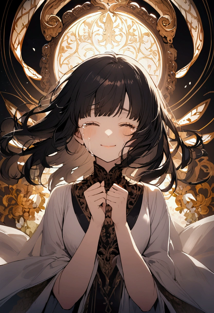 Beautiful dark-haired girl crying with her eyes closed, Smile sadly,Long eyelashes,With bangs、
