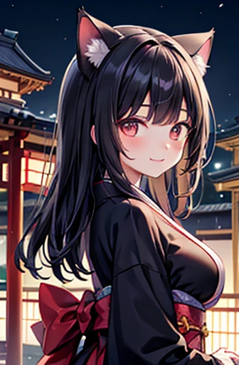 Highest quality, High resolution, Perfect human structure, People Focus, Front view, Shiny Hair, Glowing Eyes, Looking up at the viewer, kimono, Japanese Castle, Japanese garden, Cat ear, Black Hair, overall angle, Large Breasts. Smile, Gradient Eye, Swept-apart bangs,