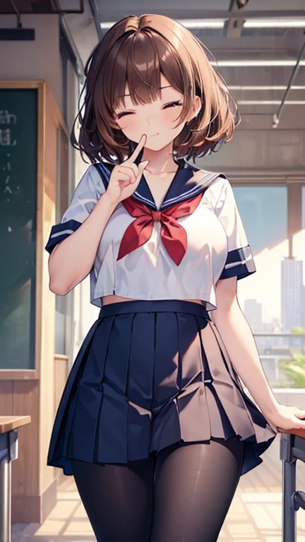 (Highest quality、In 8K、32K、masterpiece、Hmph、Ultra-high resolution、Impressionism、Photorealistic:1.2)、Big Breasts、Cowboy Shot, Detailed face and eyes、 In the classroom、School、sunset、Beautiful Face、Blurred Background、Beautiful 16 year old girl、Glowing Skin、Half Up Hair、Beautiful brown hair、Blunt bangs、Brown eyes、(One eye closed、Put your index finger over your mouth:1.2)、Sailor suit、Pleated mini skirt、curve、(Roll up your skirt、I can see your pants:1.2)、Thighs Thighs Thighs、(Navel exposed:0.4)、Dynamic pose