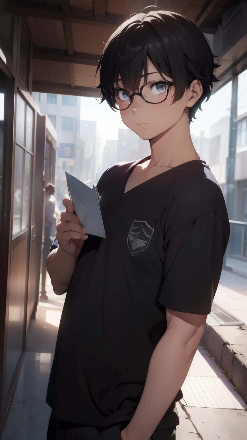 (1 boy), (), Symmetrical Eyes, male, tie, holding a book, small book in hand, (holding small book), Thick black frame glasses, shy, black messy hair, bluish-grey eye color, wearing glasses, 4k, detailed, anime 4k, (Curly hair), from side, character focus, ((black light)),((dark lighting)), cinematic lighting ,(darkness), (concept art), high resolution,(incredibly absurdres) ,extremely detailed CG unity 8k wallpaper, ((masterpiece)), ((top-quality)), (beautiful illustration), ((an extremely delicate and beautiful)), (masterpiece, Best quality, ultra high resolution), Black hair, pale skin, ultra detailed eyes, Beautiful and detailed face, detailed eyes, (Centered, torso), (wide shot:0.9), facing the viewer, Eye level, ((male)), blushing, masculine face, narrow eyes, flat chest, masculine build, slightly muscular,
