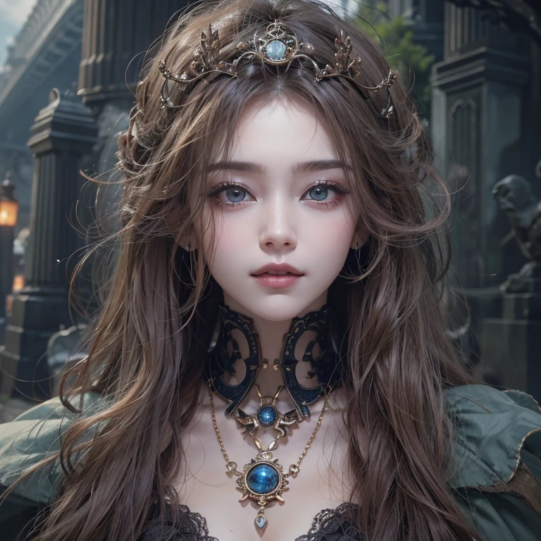 Standing in the grave、Hair Flow、 ((Highest quality、masterpiece、8k、Best image quality、Ultra-high resolution、Award-winning works)、(Accurate anatomy:1.1)、(Look at me and smile:1.1)、Shining fair skin with Ultra-high resolution、The most detailed face、Ultra-high resolution detailed face、Ultra-high resolutionの髪の毛、(Ultra-high resolution eye:1.1)、Beautiful face drawn in every detail、Steampunk costumes, Chest to chest, Strange atmosphere, Ghosts flow, Dark Light, At the cemetery, Heavy makeup