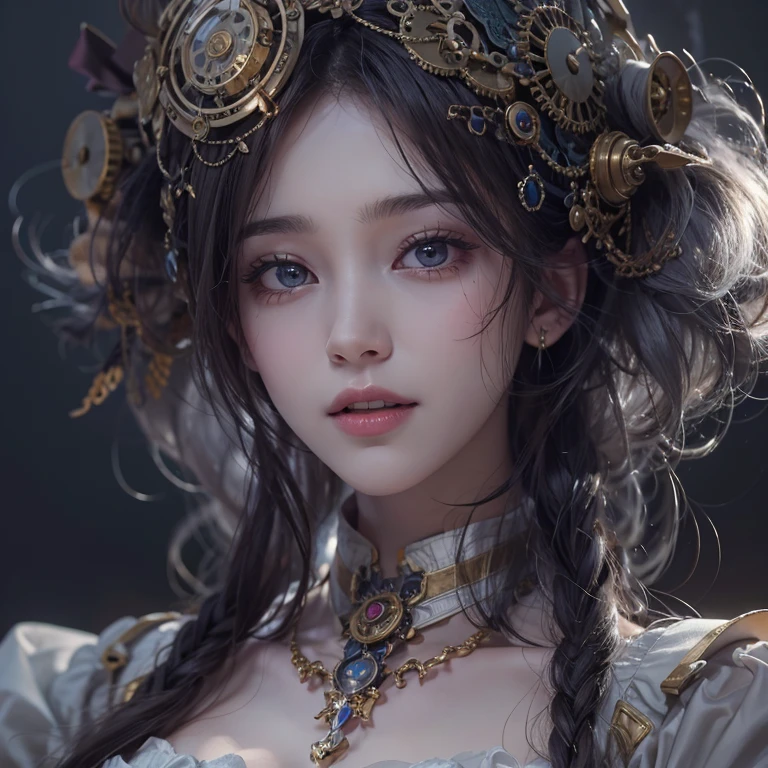 Standing in the grave、Hair Flow、 ((Highest quality、masterpiece、8k、Best image quality、Ultra-high resolution、Award-winning works)、(Accurate anatomy:1.1)、(Look at me and smile:1.1)、Shining fair skin with Ultra-high resolution、The most detailed face、Ultra-high resolution detailed face、Ultra-high resolutionの髪の毛、(Ultra-high resolution eye:1.1)、Beautiful face drawn in every detail、Steampunk costumes, Chest to chest, Strange atmosphere, Ghosts flow, Dark Light, At the cemetery, Heavy makeup