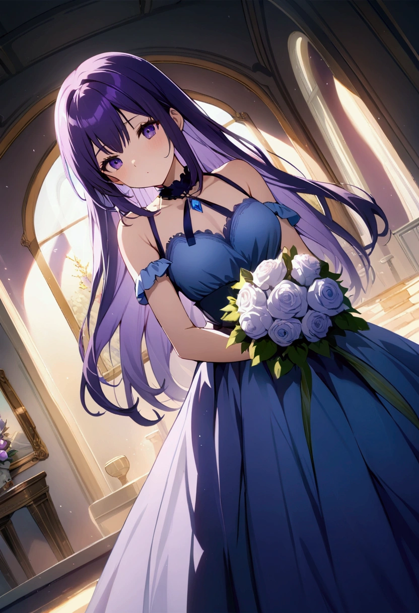 masterpiece, best quality, (Highly detailed CG Unity 8k wallpaper) (best quality), (Best Illustration), (Best shadow) floating, Extremely exquisite and beautiful dream scene,, , [(1 Girl),(Purple long hair), Delicate face, Neck strap, Elegant blue dress, (Wide-angle lens), (Mysterious atmosphere):1.5],, , (bouquet),(fairy tale), (Sunlight),(Soft Light),(Soft colors),(flash):0.8]