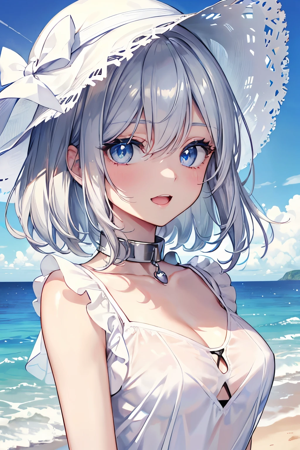 (Best quality,4K,8K,High resolution,Masterpiece:1.2),Super detailed,(Actual, Realistic),
break,
((Beautiful clear blue eyes:1.2)),very kind eyes,eyes wide open,beautiful eyelashes,beautiful lower eyelashes,
break,
((Beautiful and shiny silver hair:1.3)),A dazzling smile, a bursting smile, an open mouth laugh,
break,
((short sleeve white shirt with collar:1.3)),stylish summer sun hat,
break,
very happily,((bust shot)),zoom in,((summer vacation:1.3))