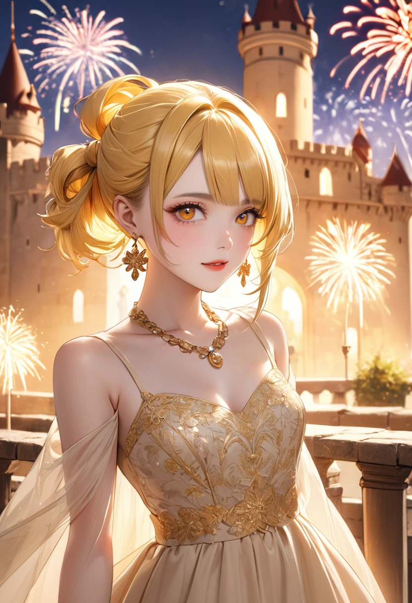 1 female　Yellow hair tied back　Yellow eyebrows　Orange eyes　Socialite debut　Pale beige long dress with gold embroidery　Inside the castle　firework 　hair ornaments　Gorgeous necklace with matching earrings　Golden West