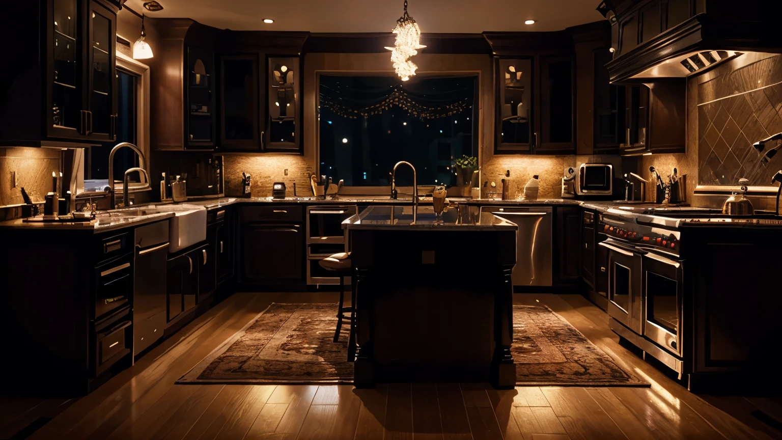 night scene, a luxurious kitchen, (cinematic:1.3), intricate details, (ArtStation:1.2)