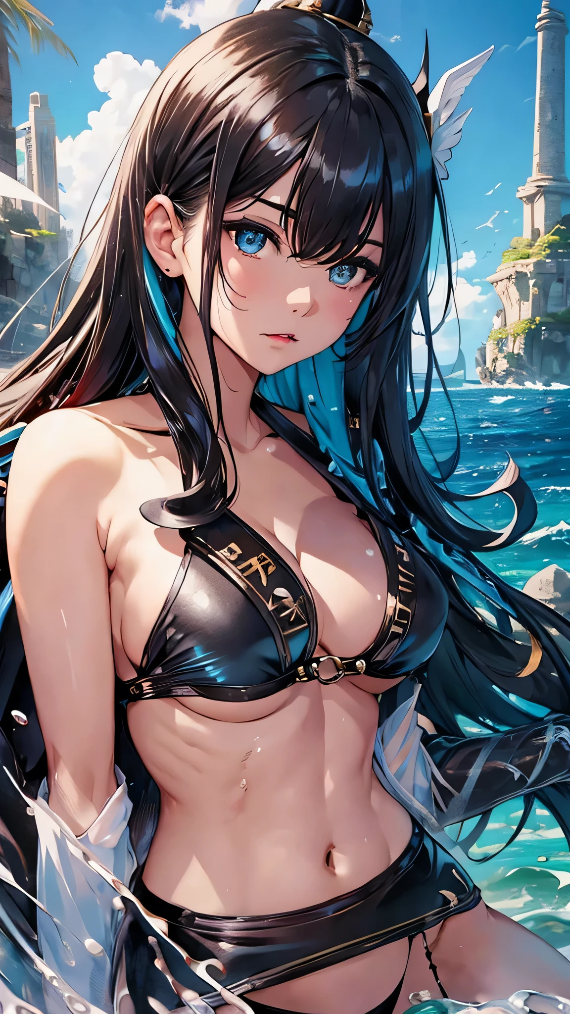 最high quality、Best image quality、masterpiece、With a girl((cute、、Best Bust、Medium Bust、Beautiful Blue Eyes、Spread your chest wide,Black Hair、Disheveled Hair、thin、Highest Valley、Black Bikini(1:3)、My whole body is wet、swim、Sea Floating)）high quality、Beautiful art、background((Sea、deep sea)),Tabletop、Exquisite design、Visual Arts、Written boundary depth、Best lighting、Highest detail、8ｋ