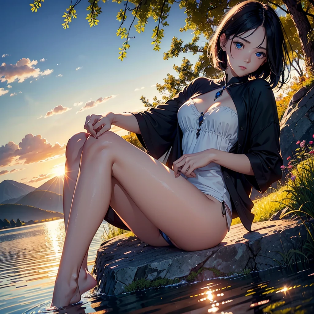 1 girl, serene expression, mesmerizing eyes, straight short black hair, blue eyes, flowing black dress, poised posture, porcelain skin, subtle blush, crystal pendant BREAK golden hour, (rim lighting):1.2, warm tones, sun flare, soft shadows, vibrant colors, painterly effect, dreamy atmosphere BREAK scenic lake, distant mountains, willow tree, calm water, reflection, sunlit clouds, peaceful ambiance, idyllic sunset, ultra detailed, official art, unity 8k wallpaper , zentangle, mandala, angry face