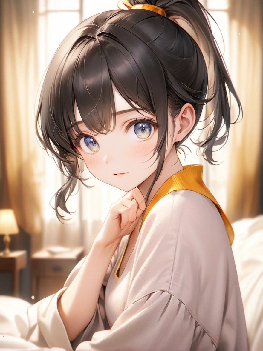(Highest quality, 8k, 32K, masterpiece, Ultra-high resolution,:1.2),born, One girl,Super cute , Natural light,Clear, shining eyes, 20-year-old ,Fair skin, Black Hair, Medium Hair, ponytail