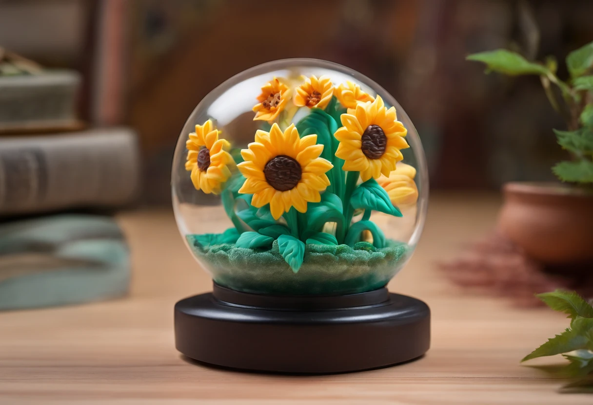 Miniature of a garden of sunflowers, inside a fashionable glass sphere, photo studio