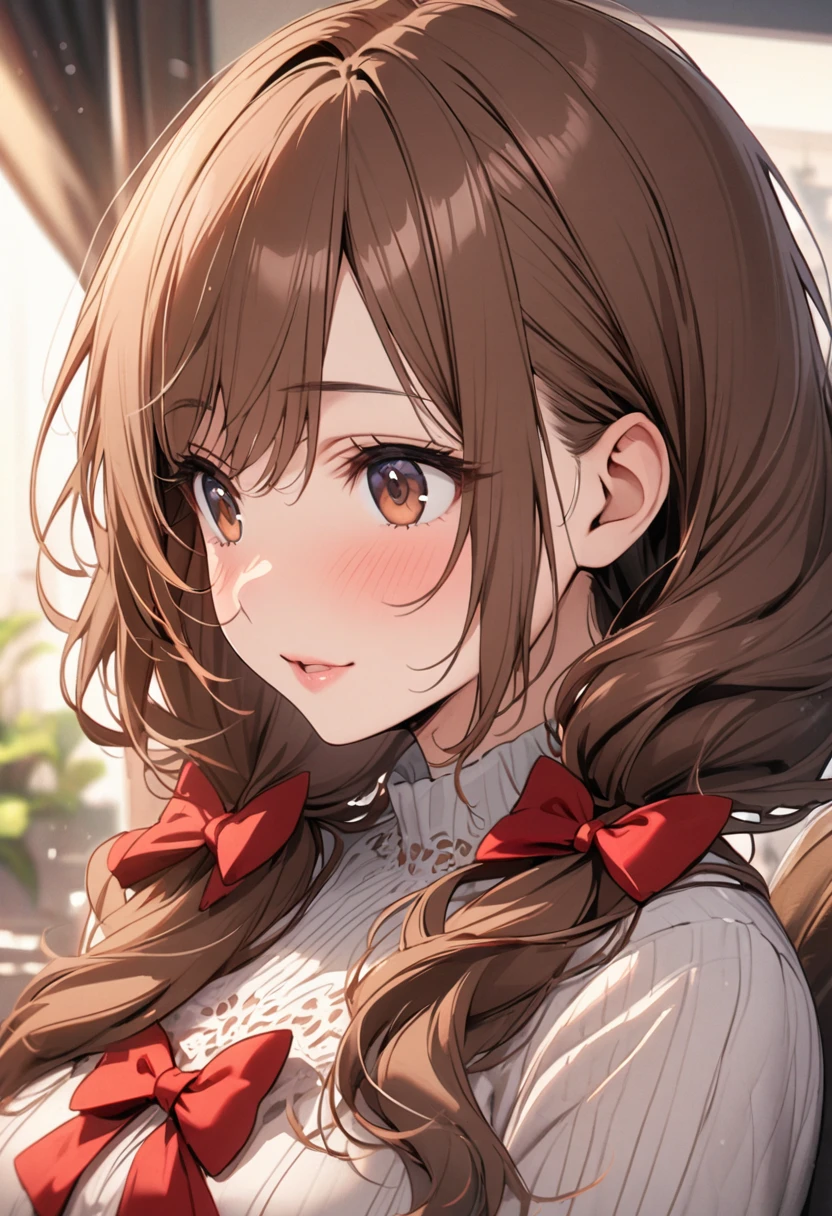 girl, brown hair, brown eyes, low twin tails, red bow, beautiful, high detail, mature, cute, long hair
