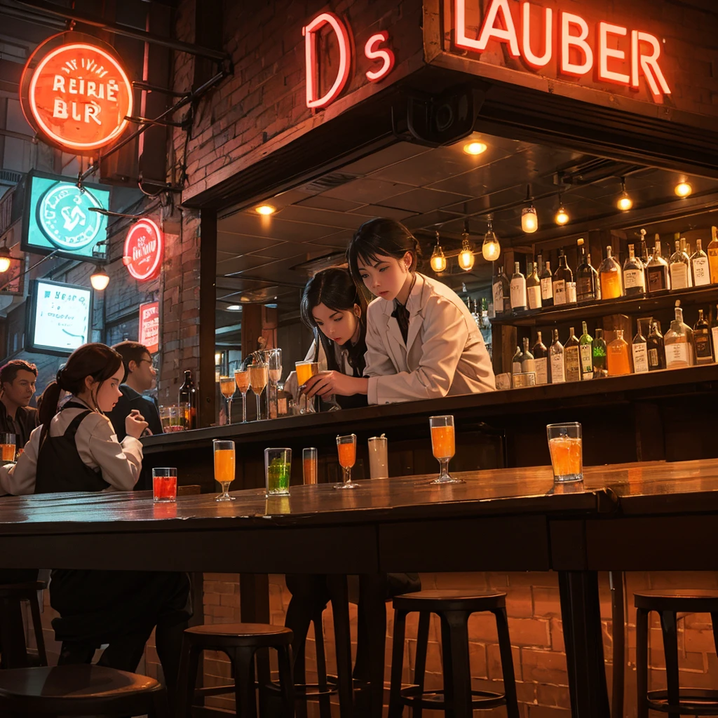 Outside pub, bar, crowd of people, night, neon lights, modern laboratory