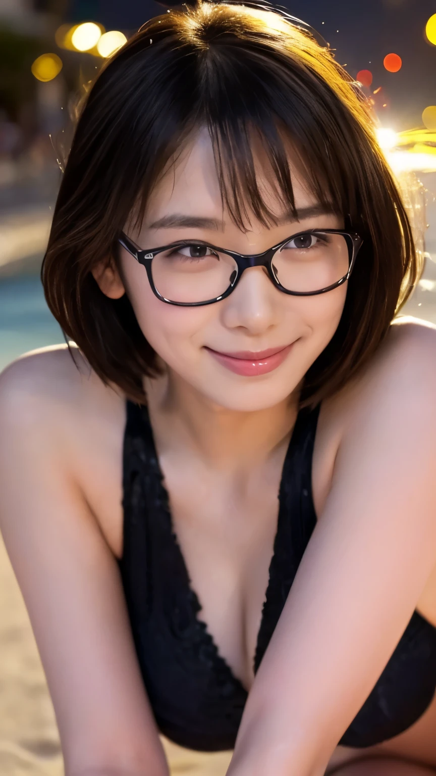 Thai Idol　Mature Woman　Age 25　Sexy and glamorous figure,　Blonde with bangs　((Glasses))　スーパーシャイニーbright red lips　Duck mouth　Ultra-shiny enamel metallic bikini　blush　((Cyberpunk night city with shining laser beams))　Portraiture　Looking into the camera　((dressing))　蒸し暑くてSweaty光沢のある顔　Sweaty　Sweaty, blushした　Frontal eye contact　Kissing Face　Sit with your legs apart　Cute Smile　Portraiture　masterpiece　Big brown eyes　Drawing from below　(Soaking wet woman)　(sunset)　Expressions of ecstasy　((Sunburned, Sunburn))　((Mature Woman))　Smoky makeup with black mascara　Black Swimsuit　A shining face with heavy makeup　Smoky makeup with black mascara