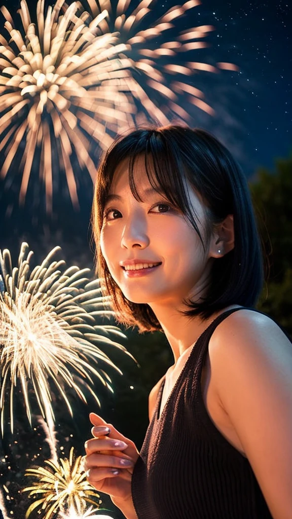 40-year-old Japanese woman with black bob hair Real fireworks Summer vacation Night sky Side angle