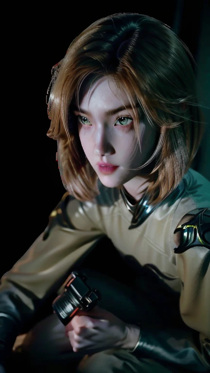 (grainy:0.5), cinematic,girl, space, serious, detailed eyes, detailed face, detailed futuristic clothes, lights in clothes, (aiming gun:1.1), (hiding:1.1), (squatting, looking to side:1.1), volumetric lighting, isolation, horror, dark lighting, red bioluminescent details, green bioluminescent details, blue bioluminescent details