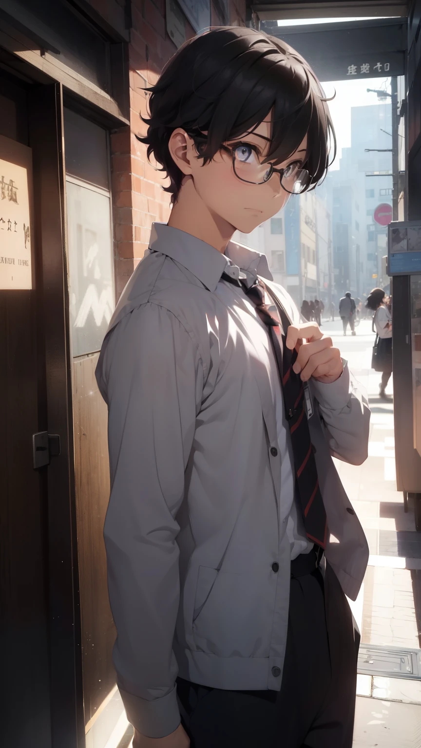 (1 boy), (school boy), Symmetrical Eyes, male, tie, holding a book, small book in hand, (holding small book), Thick black frame glasses, shy, black messy hair, bluish-grey eye color, wearing glasses, 4k, detailed, anime 4k, (Curly hair), from side, character focus, ((black light)),((dark lighting)), cinematic lighting ,(darkness), (concept art), high resolution,(incredibly absurdres) ,extremely detailed CG unity 8k wallpaper, ((masterpiece)), ((top-quality)), (beautiful illustration), ((an extremely delicate and beautiful)), (masterpiece, Best quality, ultra high resolution), Black hair, pale skin, ultra detailed eyes, Beautiful and detailed face, detailed eyes, (Centered, torso), (wide shot:0.9), facing the viewer, Eye level, ((male)), blushing, masculine face, narrow eyes, flat chest, masculine build, slightly muscular,
