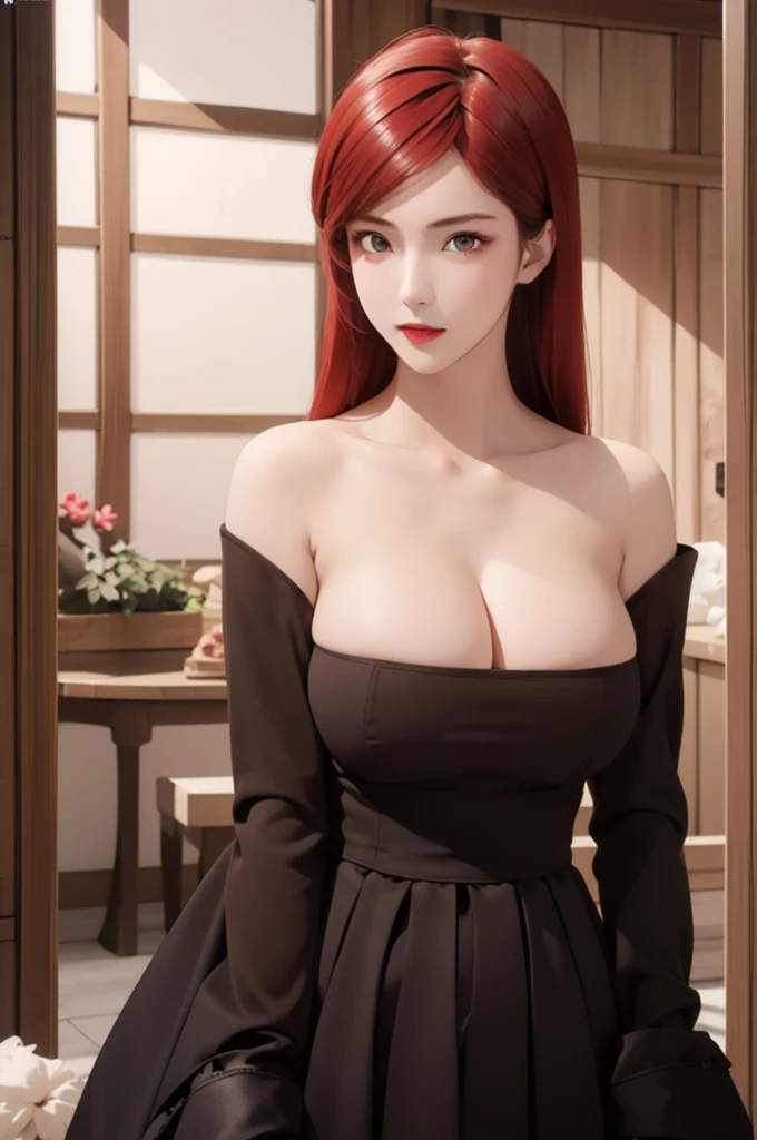 best quality, masterpiece, 1girl, (solo:1.1), raytracing, ultra detailed,detailed face, 8k wallpaper, wide hips, HildaBoreasGreyratNDV, 1girl, red hair, grey eyes, large breasts, long hair, cleavage, dress, makeup, mature female,  indoor,