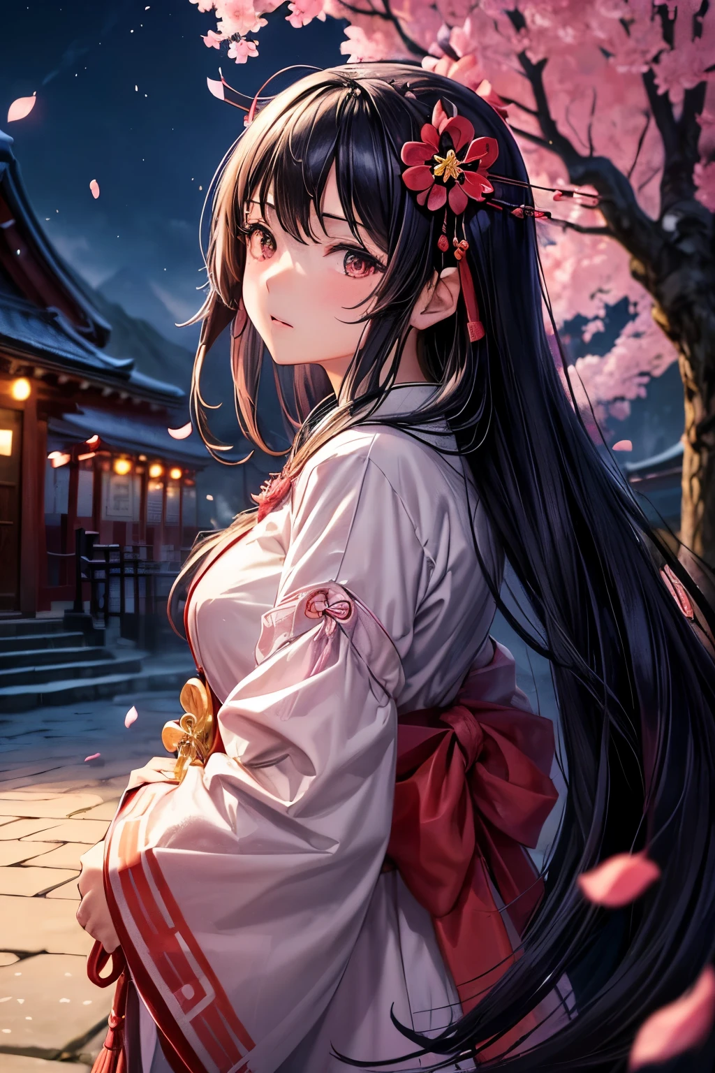 (best quality, masterpiece),(1 girl, Shrine maiden, coat, Expressive face, black eyes, look ahead ,black hair, pedestrian mall, Upper Body), (Wandering sky at night, There is a huge old tree behind, Glowing pink petals falling behind you, The shrine behind, Mountain Background, Hair, meteor cloud)