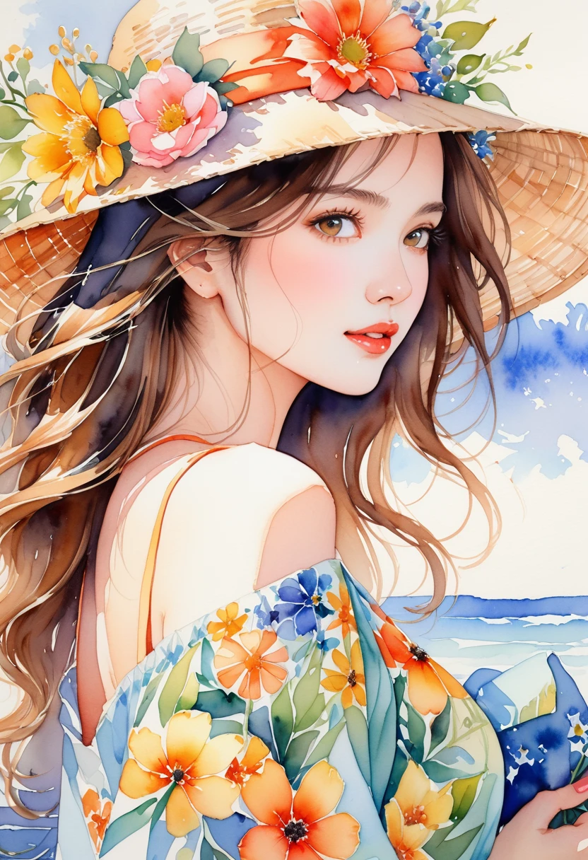 A very detailed watercolor painting, Has flowers that are reminiscent of summer, Depicting a beautiful woman