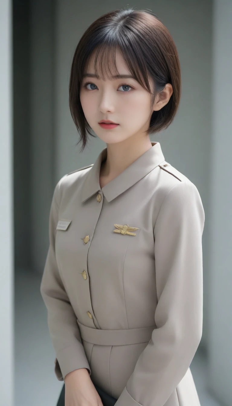 8k, Ultra-high resolution, Highest quality, masterpiece, 三分割法によるphotograph,Surreal, photograph, 1 Girl, (:1.3), pretty girl, Cute Face, Beautiful eyes in every detail, 細かくdetailedに,masterpiece,One Girl:1.2,Japanese female officer,Superior non-commissioned officer,full body,Serious expression,Black short hair,Bob with bangs, (The finest ceremonial attire:1.3),Pencil Skirt,Military clothing, SS uniform,HUGO BOSS,Sharp contours,Looking down,Gray background, Light from above, Low contrast, (Side view),Perfect and beautiful face ,完璧でCute Face, Skin with attention to detail, Perfect limbs、Narrow waist,Looking at the audience,(((Ideal body type))),A cup small breasts :2,Portraiture:2,Perfect Anatomy,鮮明なdetailed,detailed,Surreal,Light and shadow,glowing