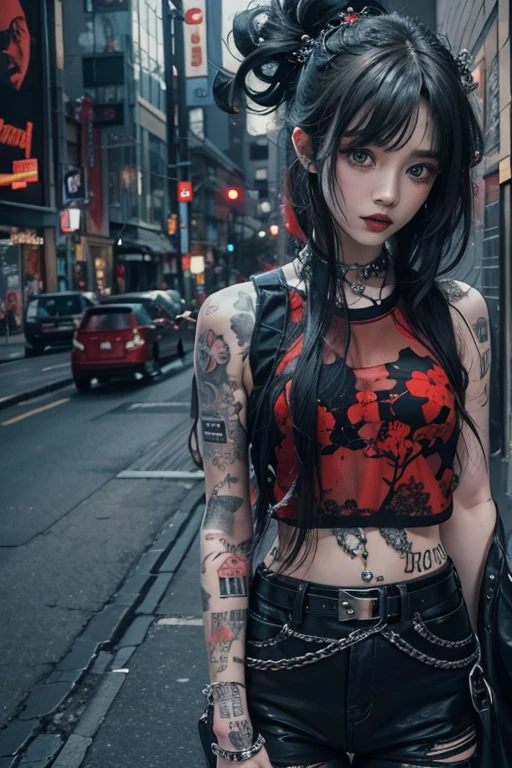 Highest quality、、masterpiece：1.3、Gothic Punk、red inside、Gray Black Hair、hair ornaments、beautiful girl、creative、Punk Shirt、Neogoth、Goth Fashion：1.2、High resolution、masterpiece、Highest quality、頭w:1.3、((Hasselblad Photos))、Fine skin、Sharp focus、(Cinema Lighting)、Explore Tokyo&#39;The night city beyond the neon lights, Forehead open, 17 years old、Petting&#39;Hair back、Shoulder Bare、Small red rose tattoo on the décolletage、Just one tattoo
