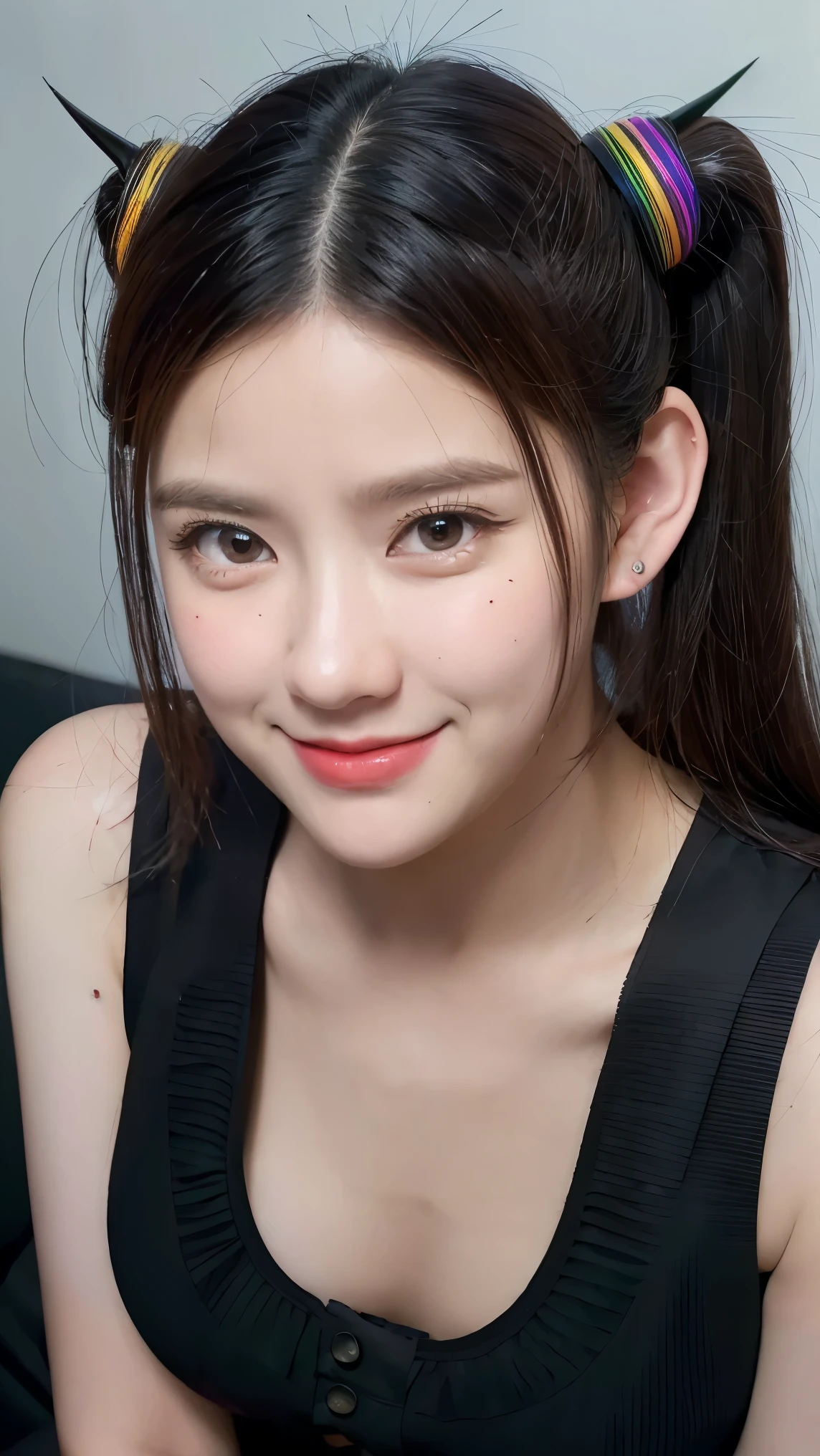 black hair, short ponytail, widow's peak, Angel Halo, demon horns, multicolored eyes, pointy ears, smile, young woman, Conceptual art, Realism, chiaroscuro, anatomically correct, textured skin