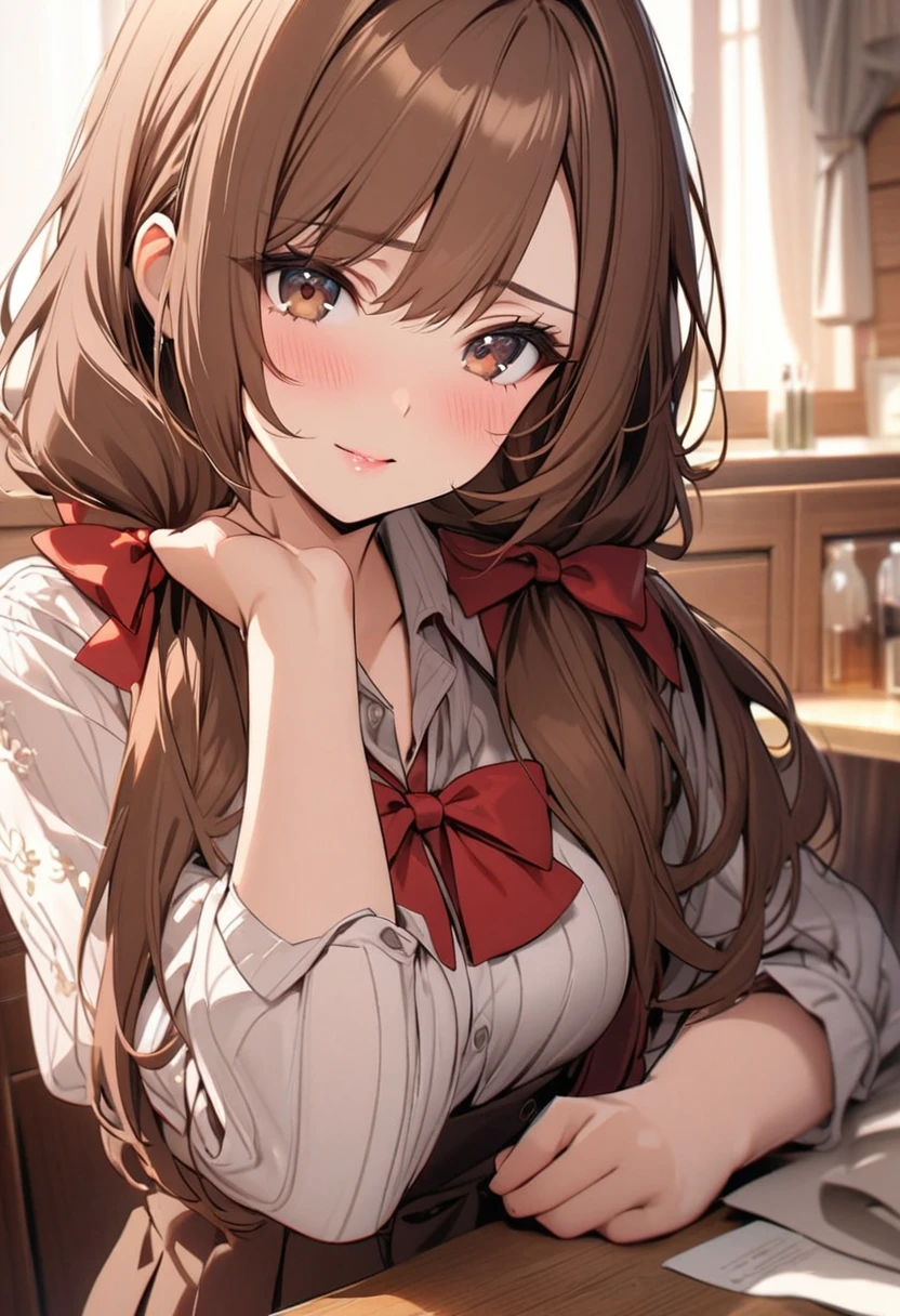 girl, brown hair, brown eyes, low twin tails, red bow, beautiful, high detail,  mature, cute, long hair