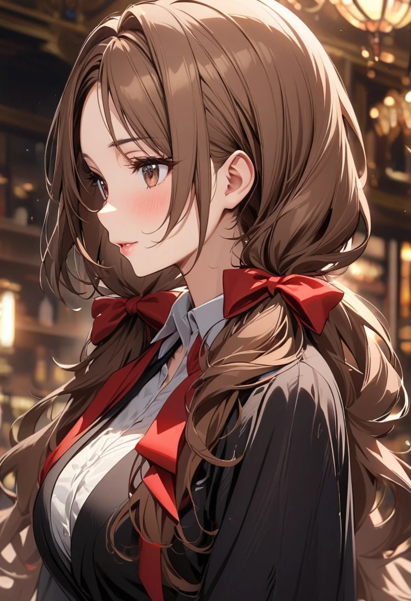 girl, brown hair, brown eyes, low twin tails, red bow, beautiful, high detail, mature, cute, long hair