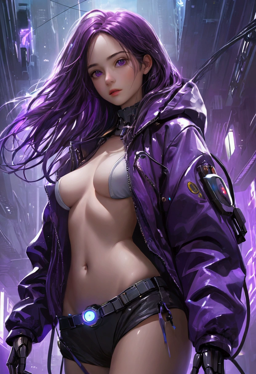 masterpiece, best quality, (Highly detailed CG Unity 8k wallpaper) (best quality), (Best Illustration), (Best shadow), beautiful girl, Small Breasts, Wearing a rugged jacket, Robotic Arm, Cyberpunk Background, floating, Extremely exquisite and beautiful, (Purple long hair), Delicate face, Neck strap, (Wide-angle lens), (Mysterious atmosphere), flash:0.8