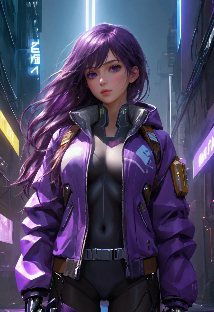 masterpiece, best quality, (Highly detailed CG Unity 8k wallpaper) (best quality), (Best Illustration), (Best shadow), beautiful girl, Small Breasts, Wearing a rugged jacket, Robotic Arm, Cyberpunk Background, floating, Extremely exquisite and beautiful, (Purple long hair), Delicate face, Neck strap, (Wide-angle lens), (Mysterious atmosphere), flash:0.8