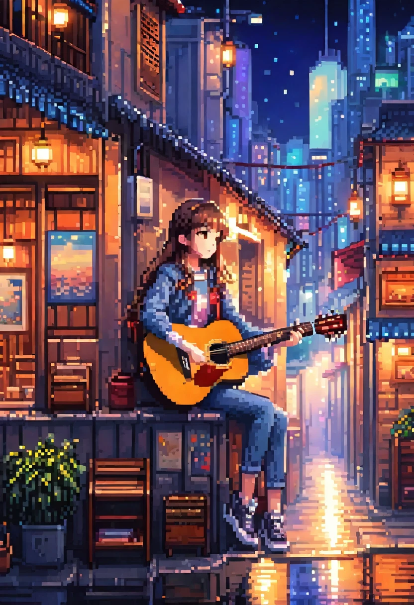 Night view、No buildings、Pixel Art Painting Best Quality, masterpiece, Attention to detail, Super intricate details,Anime girl sitting on a chair and playing guitar, Anime Art Wallpapers 8K, anime art wallpaper 4k, anime art wallpaper 4k, Anime Style 4k, anime wallpaper 4k, anime wallpaper 4k, anime wallpaper 4k, Manga Wallpapers, 4K wallpaper,, Girl playing guitar, LOFI Girl