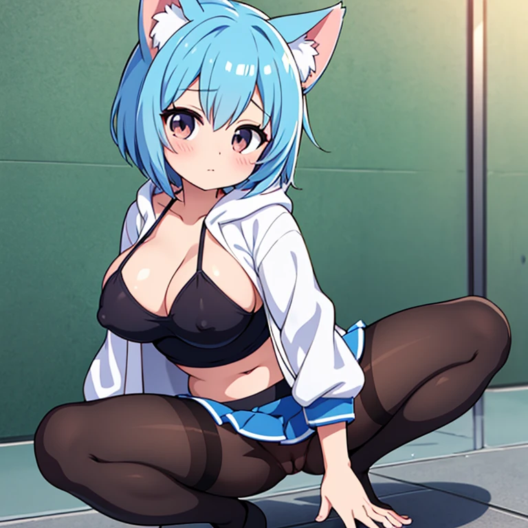 anime girl with blue hair, anime moe artstyle, rogue anime girl ayanami rei, 2 d anime style, Kantai Collection Style, the anime girl is crouching, beautiful anime girl squatting, peeing wet pussy, incontinence, Wearing a jacket with a hoodie, hoodie with animal ears and eyes, Well good, no panty, black pantyhose with thighs visible, Panty shot, 1 girl, blue short bob cut hair, dark brown eyes, lively, cheerful innocent, too large big emphasized breasts that show a lot of skin, boyish, cute, sporty, breasts that seem to stick out, open-chested showing off cleavage sexy clothes, risqué clothing, too short miniskirt, high beams, large erect nipples that can be seen through the clothes, The girl doesn't have animal ears, The girl has human ears, not animal ears. The animal ears are on the girl's clothes.