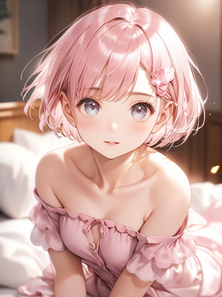(Highest quality, 8k, 32K, masterpiece, Ultra-high resolution,:1.2),born, One girl,Super cute , Natural light,Clear, shining eyes, 20-year-old ,Fair skin, pink, short hair