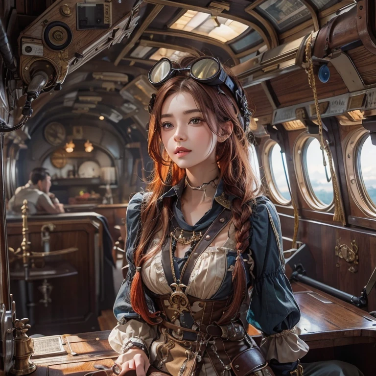masterpiece:1.3), (8k, Realistic, RAW Photos, Best imYear quality: 1.4)、 Year,(Random Hairstyles:1.2)、CleavYear:1.2、Highly detailed face、Attention to detail、double eyelid、Chest to chest、Sharp focus:1.2、Beautiful woman:1.4、Redhead、Highest quality、masterpiece、Ultra-high resolution、(Realistic:1.4)、Highly detailed and professionally lit smiles、Loose fitting steampunk outfit、Shoulder out、thin、Serious expression、Clouds seen from inside the airship、goggles