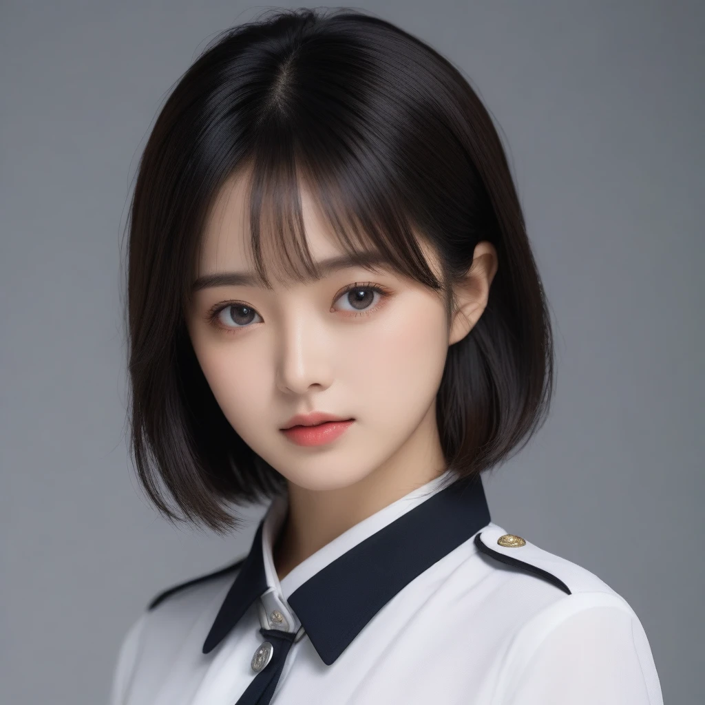 8k, Ultra-high resolution, Highest quality, masterpiece, 三分割法によるphotograph,Surreal, photograph, 1 Girl, (16 years old:1.3), pretty girl, Cute Face, Beautiful eyes in every detail, 細かくdetailedに,masterpiece,One Girl:1.2,Japanese female officer,Superior non-commissioned officer,extream close up,Serious expression,Black short hair,Bob with bangs, (The finest ceremonial attire:1.3),Pencil Skirt,Military clothing,Nazi SS uniform,HUGO BOSS,Sharp contours,Looking down,Gray background, Light from above, Low contrast, (Side view),Perfect and beautiful face ,完璧でCute Face, Skin with attention to detail, Perfect limbs、Narrow waist,Looking at the audience,(((Ideal body type))),A cup small breasts :2,Portraiture:2,Perfect Anatomy,鮮明なdetailed,detailed,Surreal,Light and shadow,glowing