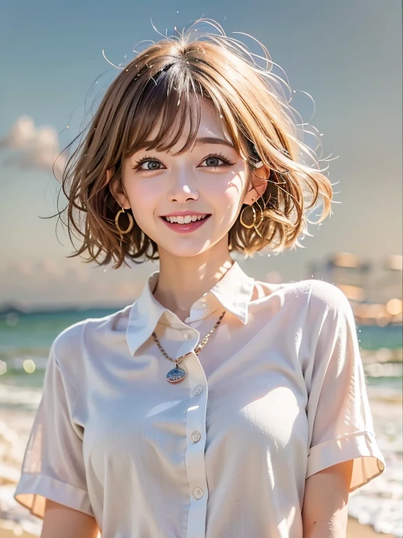 ((Highest quality)), ((masterpiece)), (detailed), ((Highest quality))、RAW、4K、High resolution、Perfect Face, Japanese、28 years old、female、short hair、Bob Hair、light light brown hair、Earrings、necklace、Perfect Anatomy、Anatomically correct body、White collared shirt、Beach、blue sky、smile、White sand beach、Realistic images、