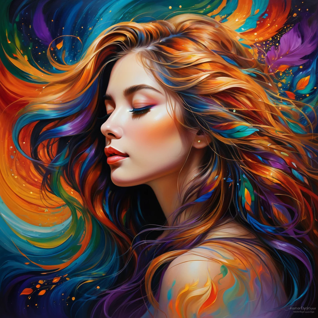 A mesmerizing digital painting captures a woman's profile, with her eyes gently closed and her lips parted. Her face is adorned with an exquisite array of vibrant, swirling patterns that blend seamlessly into her flowing hair, a cascade of blues, reds, oranges, greens, and purples. Golden fragments add a touch of luxury, while the dark background accentuates the vivid colors and the artist's masterful attention to detail. This breathtaking artwork evokes a sense of mystery and enchantment, leaving the viewer captivated by the vivid, fluid design., vibrant, painting