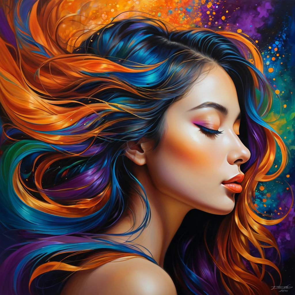 A mesmerizing digital painting captures a woman's profile, with her eyes gently closed and her lips parted. Her face is adorned with an exquisite array of vibrant, swirling patterns that blend seamlessly into her flowing hair, a cascade of blues, reds, oranges, greens, and purples. Golden fragments add a touch of luxury, while the dark background accentuates the vivid colors and the artist's masterful attention to detail. This breathtaking artwork evokes a sense of mystery and enchantment, leaving the viewer captivated by the vivid, fluid design., vibrant, painting