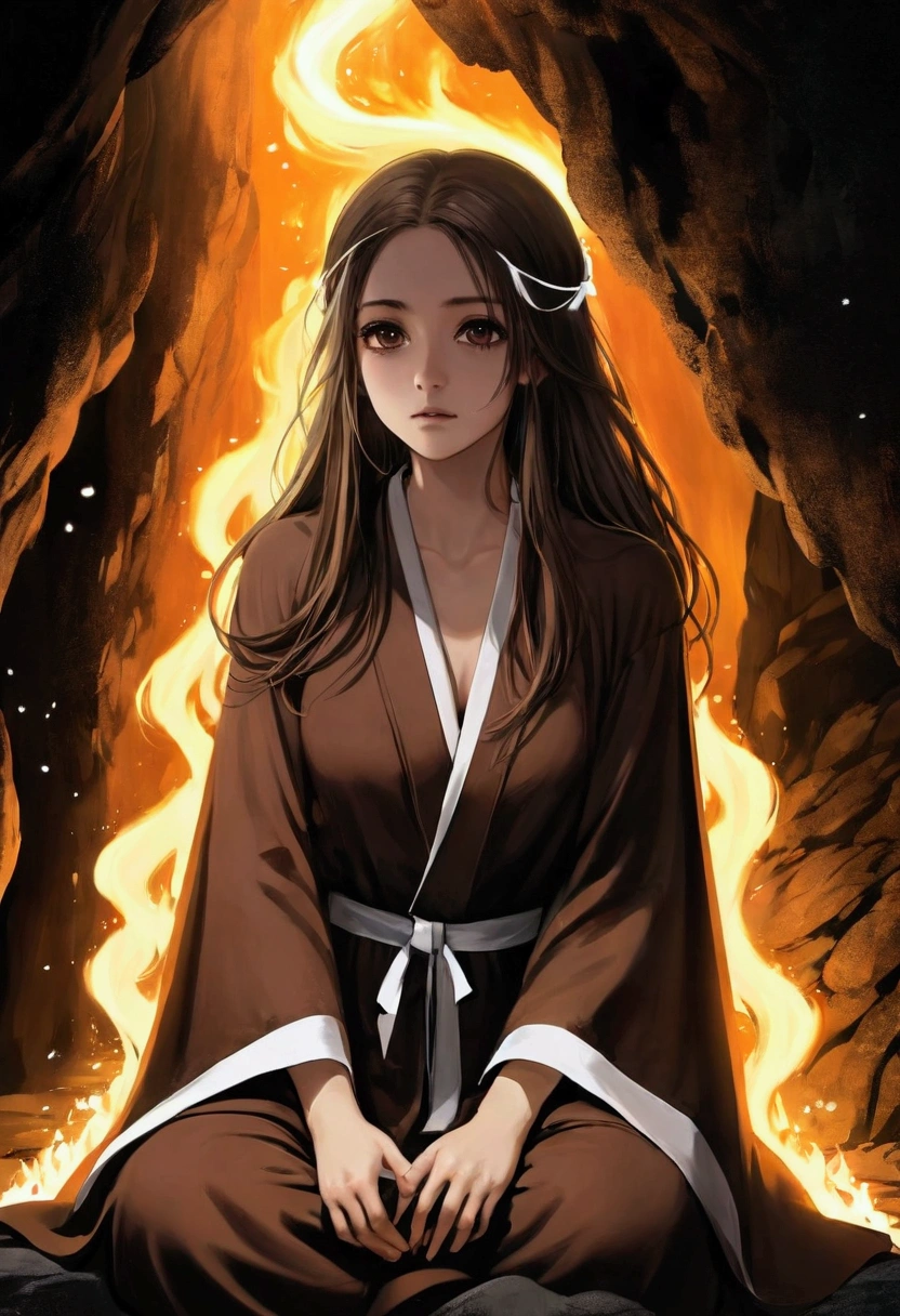 (best quality, masterpiece),  (1 Girl, Solitary,Brown robe, Expression face, Look away, sit, Wide sleeves, black eyes, Shut up, Fire in the shape of a ribbon on the head, Long hair, ), (monochrome, Night sky at the cave entrance , Light rising from the bottom, Inside the cave, A bunch of glowing white particles floating, The blazing fire is just around the corner, Many small fires floating),