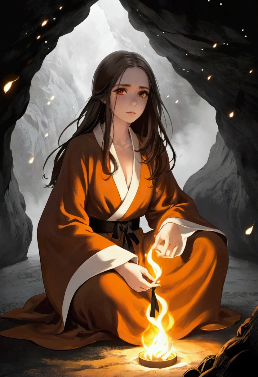 (best quality, masterpiece), (1girl, solo,brown robe, expression face, looking away, sitting, wide sleeves, black eyes, closed mouth, ribbon shape fire on head, long hair, cowboy shot), (Monochrome, night sky at cave entrance , light rising from the bottom, inside Cave, floating glowing bunch of white particles, burning fire at hand, floating many small fires),