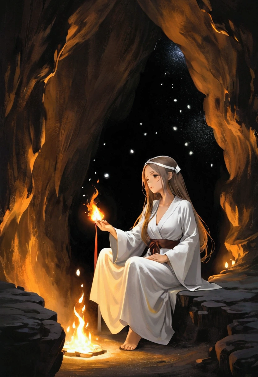 (best quality, masterpiece),  (1 Girl, Solitary,Brown robe, Expression face, Look away, sit, Wide sleeves, black eyes, Shut up, Fire in the shape of a ribbon on the head, Long hair, ), (monochrome, Night sky at the cave entrance , Light rising from the bottom, Inside the cave, A bunch of glowing white particles floating, The blazing fire is just around the corner, Many small fires floating),