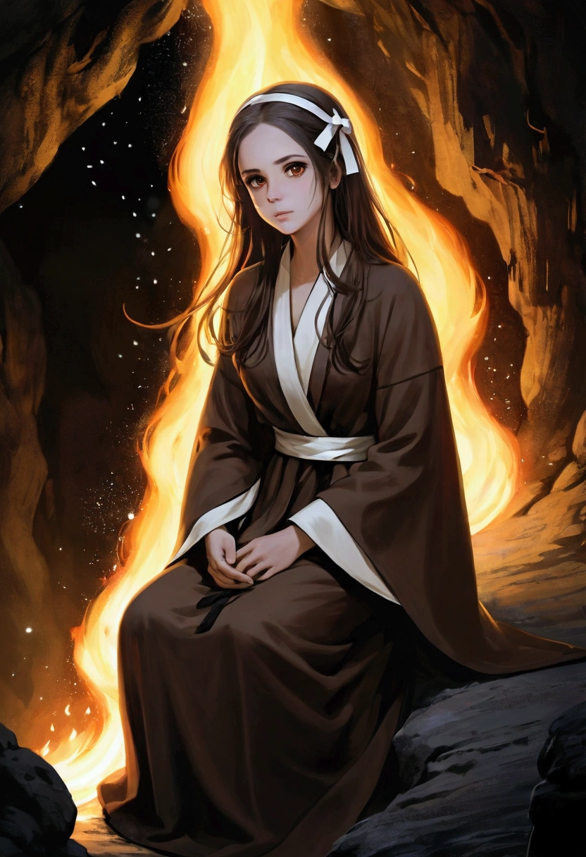 (best quality, masterpiece), (1 Girl, Solitary,Brown robe, Expression face, Look away, sit, Wide sleeves, black eyes, Shut up, Fire in the shape of a ribbon on the head, Long hair, ), (monochrome, Night sky at the cave entrance , Light rising from the bottom, Inside the cave, A bunch of glowing white particles floating, The blazing fire is just around the corner, Many small fires floating),