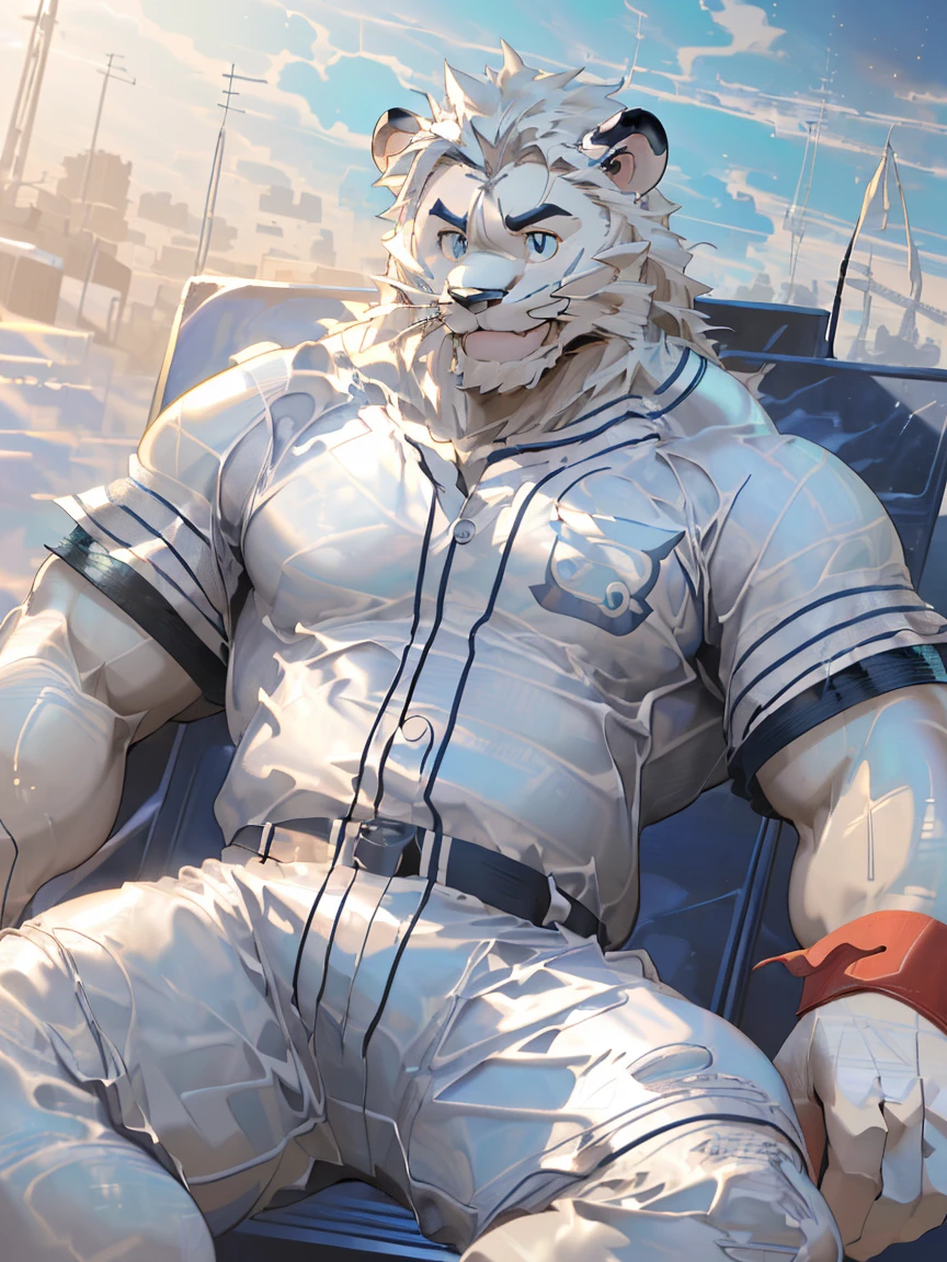 Leo seibu lions, good looking, male, anthro, ultradetailed, muscular, solo, bareness, rippling muscles, muscles, simple background, vector background, tail, smiling, lying, open legs, baseball uniform, poster,(by cartoon-network,by takahirosi,by null-ghost,by pino daeni:1.5)