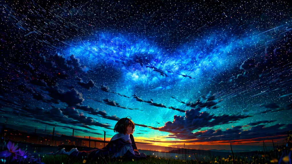 Describe a scene in which a cute girl character is lying on a grassy hill., Look up at the starry sky. Surround her with colorful nebulae and her favorite constellations.
